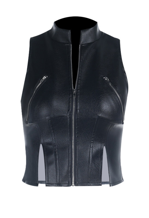 Gothic Black Zipper Split Tank Top Dark Punk Style PU Leather Sleeveless Top Gothic Black Zipper Split Tank Top Dark Punk Style PU Leather Sleeveless Top