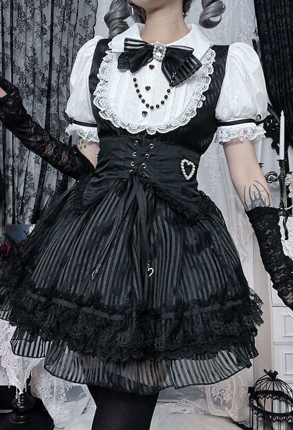 Gothic Black White Striped Lolita Dark Style Puff-Sleeve Lace Puffy Dress with Waistband and Bow Gothic Black White Striped Lolita Dark Style Puff-Sleeve Lace Puffy Dress with Waistband and Bow