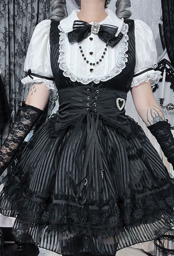 Gothic Black White Striped Lolita Dark Style Puff-Sleeve Lace Puffy Dress with Waistband and Bow Gothic Black White Striped Lolita Dark Style Puff-Sleeve Lace Puffy Dress with Waistband and Bow