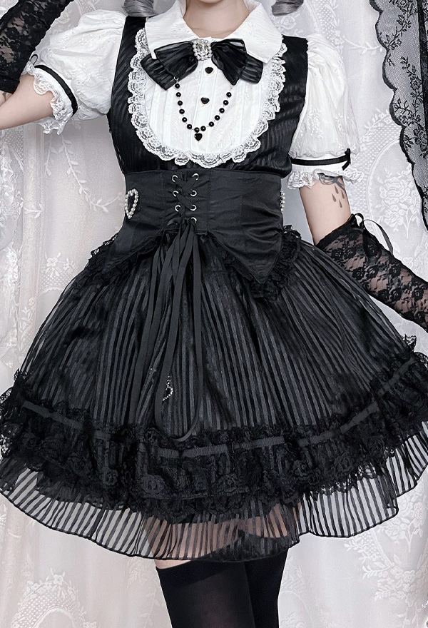Gothic Black White Striped Lolita Dark Style Puff-Sleeve Lace Puffy Dress with Waistband and Bow Gothic Black White Striped Lolita Dark Style Puff-Sleeve Lace Puffy Dress with Waistband and Bow