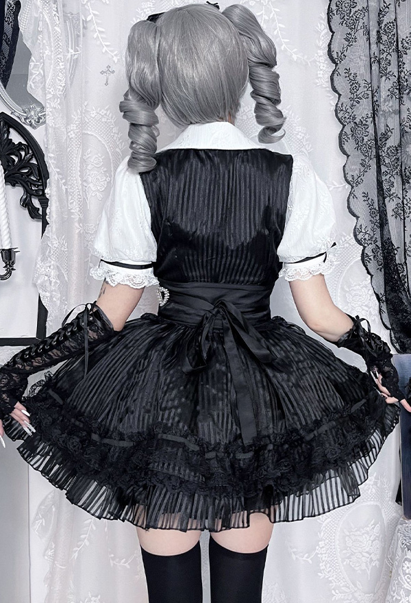 Gothic Black White Striped Lolita Dark Style Puff-Sleeve Lace Puffy Dress with Waistband and Bow Gothic Black White Striped Lolita Dark Style Puff-Sleeve Lace Puffy Dress with Waistband and Bow