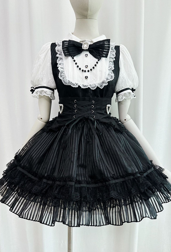 Gothic Black White Striped Lolita Dark Style Puff-Sleeve Lace Puffy Dress with Waistband and Bow Gothic Black White Striped Lolita Dark Style Puff-Sleeve Lace Puffy Dress with Waistband and Bow