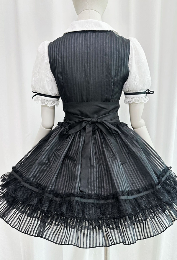 Gothic Black White Striped Lolita Dark Style Puff-Sleeve Lace Puffy Dress with Waistband and Bow Gothic Black White Striped Lolita Dark Style Puff-Sleeve Lace Puffy Dress with Waistband and Bow