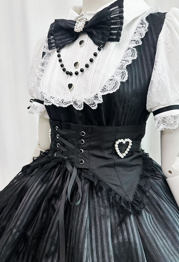 Gothic Black White Striped Lolita Dark Style Puff-Sleeve Lace Puffy Dress with Waistband and Bow Gothic Black White Striped Lolita Dark Style Puff-Sleeve Lace Puffy Dress with Waistband and Bow