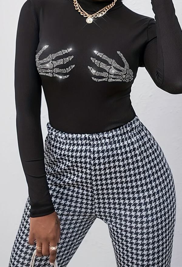 Gothic Black Rhinestone Skeleton Hand Design Top Long-sleeved Fitted Knit T-Shirt Gothic Black Rhinestone Skeleton Hand Design Top Long-sleeved Fitted Knit T-Shirt