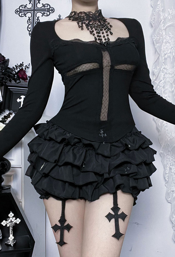 Gothic Black Openwork Cross Design Top Dark Style Long Sleeved Top