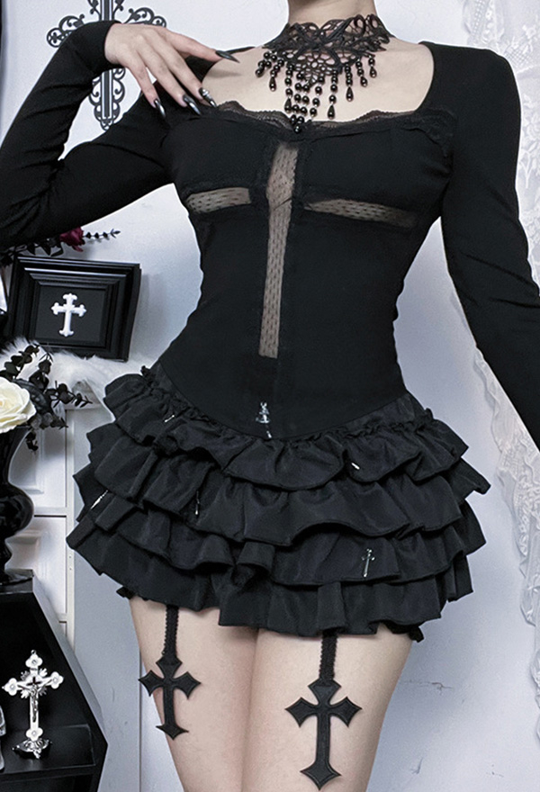 Gothic Black Openwork Cross Design Top Dark Style Long Sleeved Top