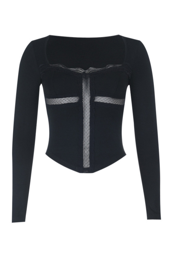 Gothic Black Openwork Cross Design Top Dark Style Long Sleeved Top