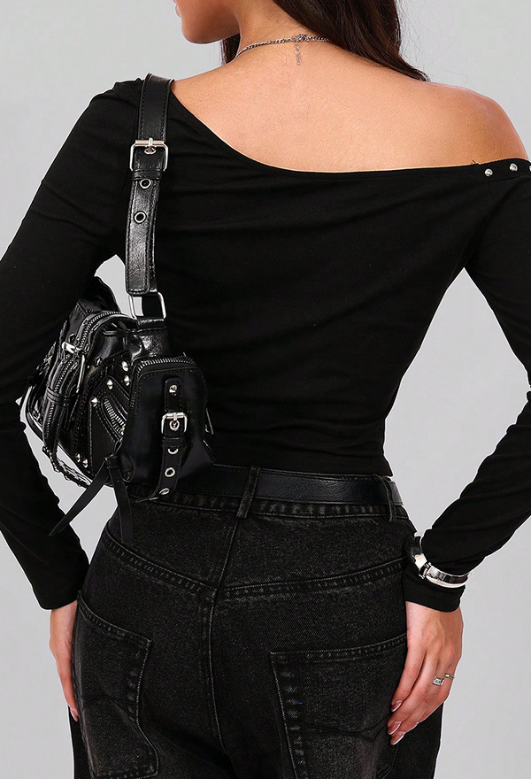 Gothic Black Studded One-Shoulder Top Dark Punk Style Fitted Long-Sleeve T-Shirt