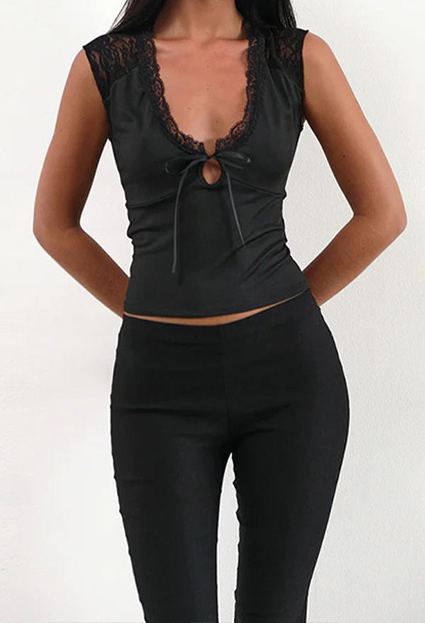 Gothic Black Deep V-Neck Tank Top Dark Style Lace Paneling Sleeveless Top Gothic Black Deep V-Neck Tank Top Dark Style Lace Paneling Sleeveless Top