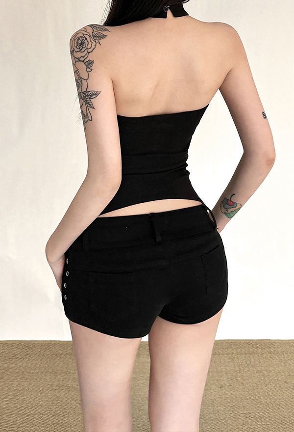 Gothic Black Cutout Halter Top Vintage Sleeveless Tie-Front Top
