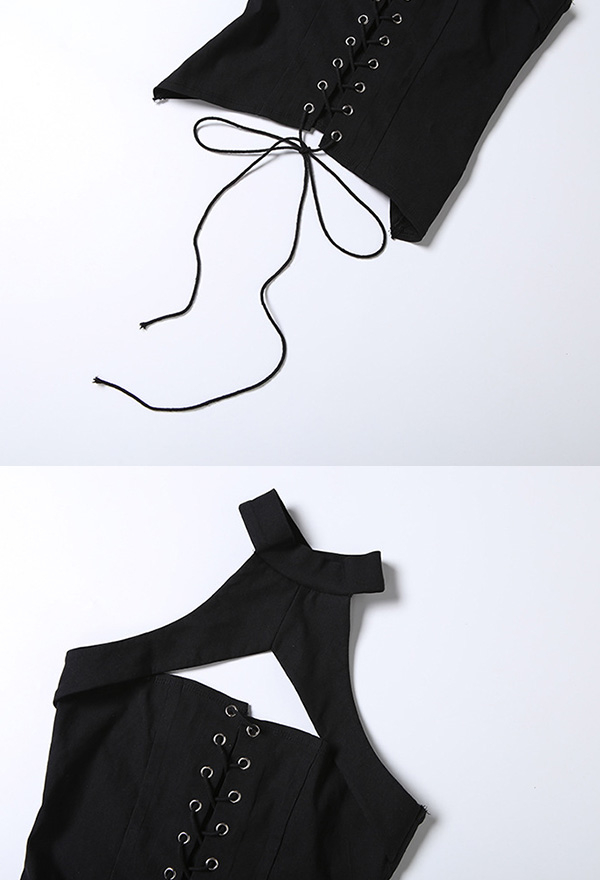 Gothic Black Cutout Halter Top Vintage Sleeveless Tie-Front Top