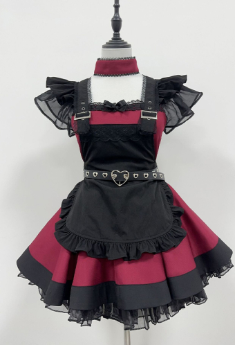 Gothic Black Red Maid Set Dark Lolita Style Dress and Apron with Hairband and Belt