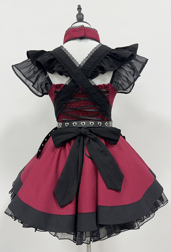 Gothic Black Red Maid Set Dark Lolita Style Dress and Apron with Hairband and Belt