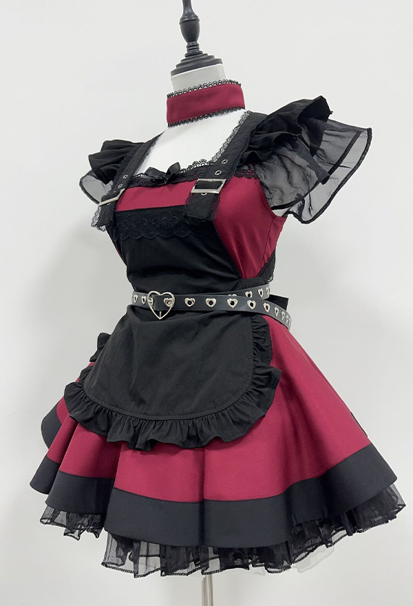 Gothic Black Red Maid Set Dark Lolita Style Dress and Apron with Hairband and Belt