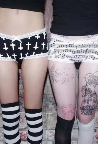 Gothic Cross Musical Staff Print Shorts Lace-Trimmed Low-Rise Hotpants