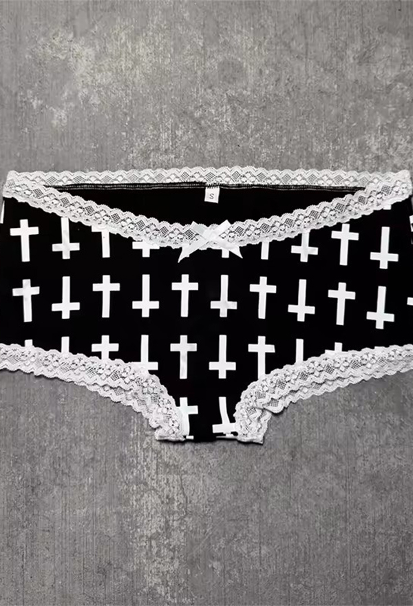 Gothic Cross Musical Staff Print Shorts Lace-Trimmed Low-Rise Hotpants