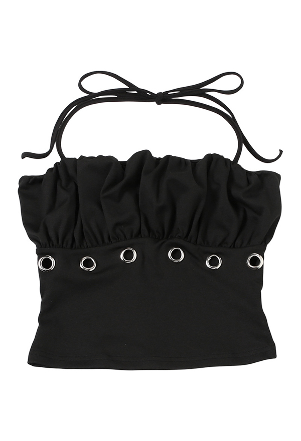 Gothic Black Eyelet Decor Set Dark Style Halter Sleeveless Top and Shorts