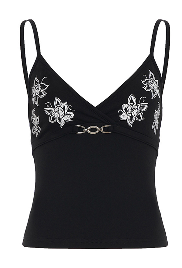 Gothic Black Vintage Style Floral Print Tank Top V-Neck Metal Buckle Camisole