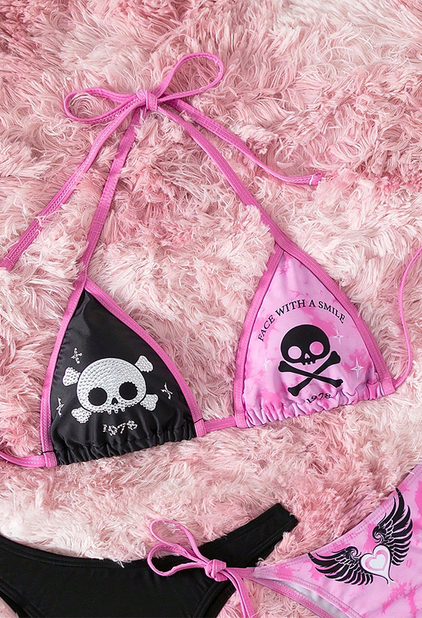Gothic Black Pink Skull Pattern Bikini Set Lace-up Halter Bra with Bottoms