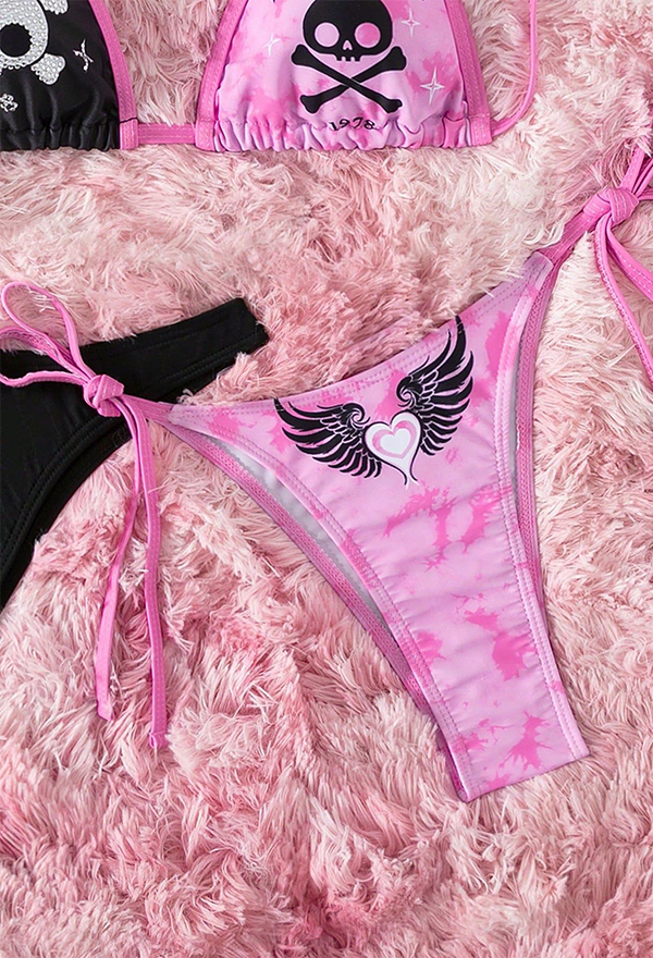 Gothic Black Pink Skull Pattern Bikini Set Lace-up Halter Bra with Bottoms