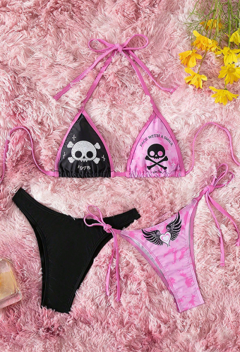 Gothic Black Pink Skull Pattern Bikini Set Lace-up Halter Bra with Bottoms