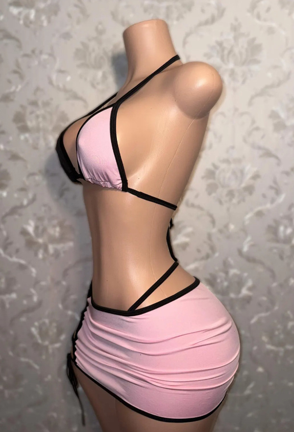 Gothic Black Pink Cross Pattern Bikini Set Halter Bra and Bottom with Skirt