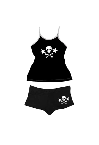Gothic Black Skull Print Set Dark Style Camisole and Shorts