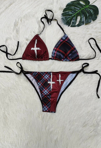Gothic Vintage Lace-up Bikini Set Cross Print Checkered Two-piece Swimsuit