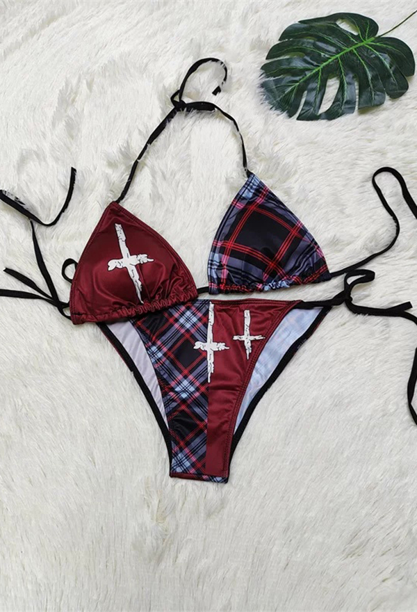 Gothic Vintage Lace-up Bikini Set Cross Print Checkered Two-piece Swimsuit