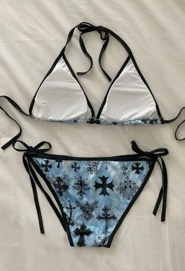 Gothic Cross Print Bikini Set Lace-up Two-piece Swimsuit Halter Bra with Bottom