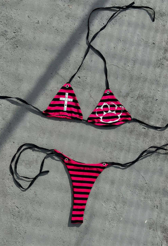 Gothic Black Red Striped Lace-up Bikini Set Cross and Cat Claw Pattern Two-piece Swimsuit