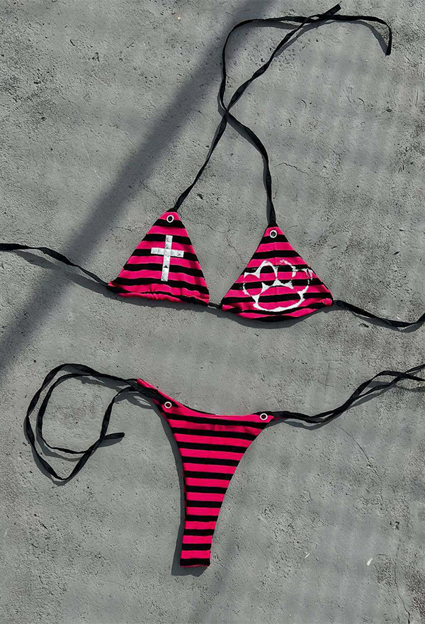 Gothic Black Red Striped Lace-up Bikini Set Cross and Cat Claw Pattern Two-piece Swimsuit