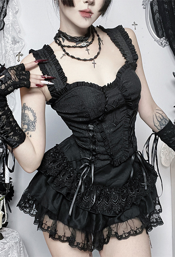 Gothic Black Spiderweb Jacquard Tank Top Dark Style Lace-Up Sleeveless Top