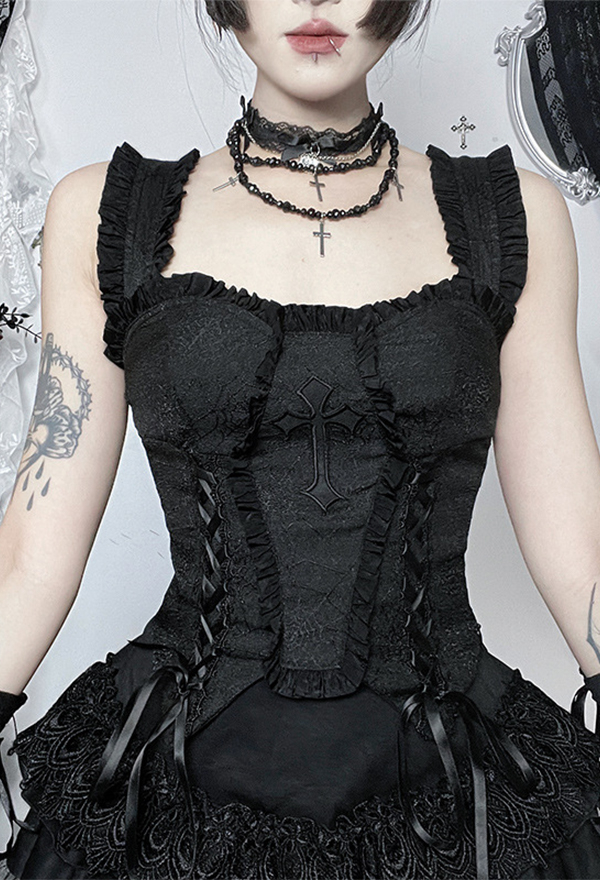 Gothic Black Spiderweb Jacquard Tank Top Dark Style Lace-Up Sleeveless Top