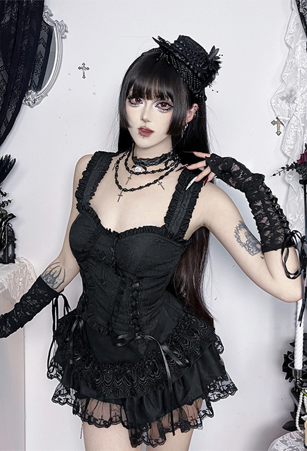 Gothic Black Spiderweb Jacquard Tank Top Dark Style Lace-Up Sleeveless Top