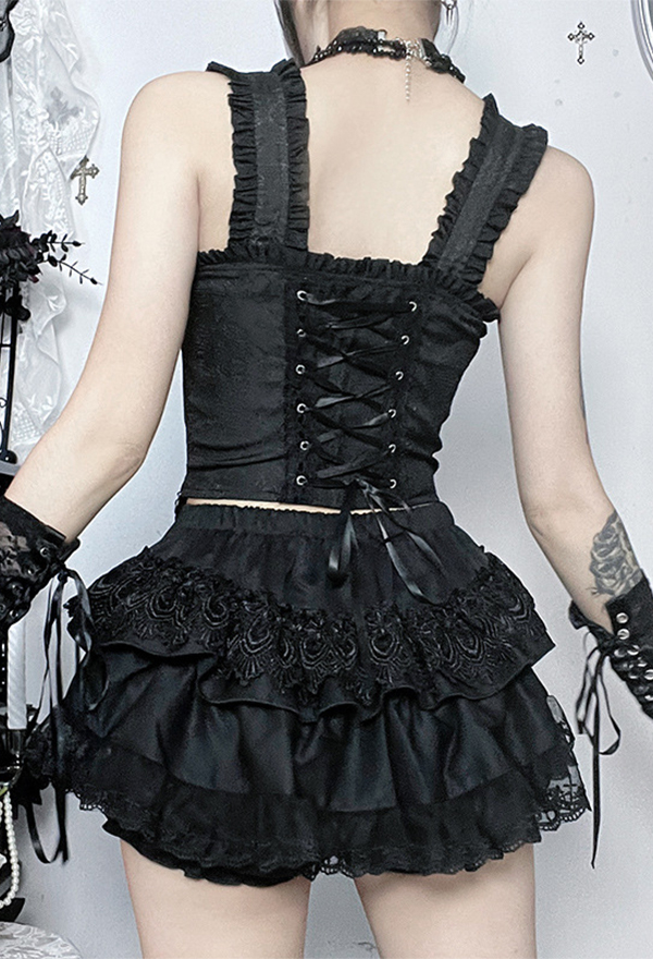 Gothic Black Spiderweb Jacquard Tank Top Dark Style Lace-Up Sleeveless Top