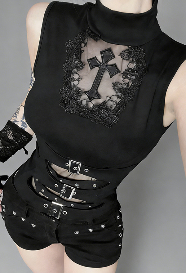 Gothic Black Cutout Cross Sleeveless Top Dark Punk Style Metal Buckled Strap Top Gothic Black Cutout Cross Sleeveless Top Dark Punk Style Metal Buckled Strap Top
