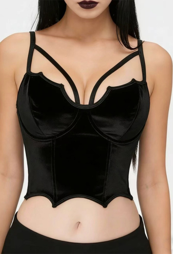 Gothic Black Velvet Boned Bustier Dark Y2K Style Batwing Camisole Crop Tank Top