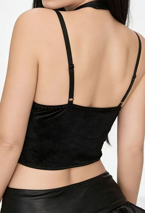Gothic Black Velvet Boned Bustier Dark Y2K Style Batwing Camisole Crop Tank Top