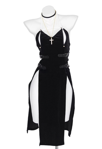 Gothic Black Nun Dress Dark Style Cutout High-Slit Halter Dress with Gold Cross Necklace