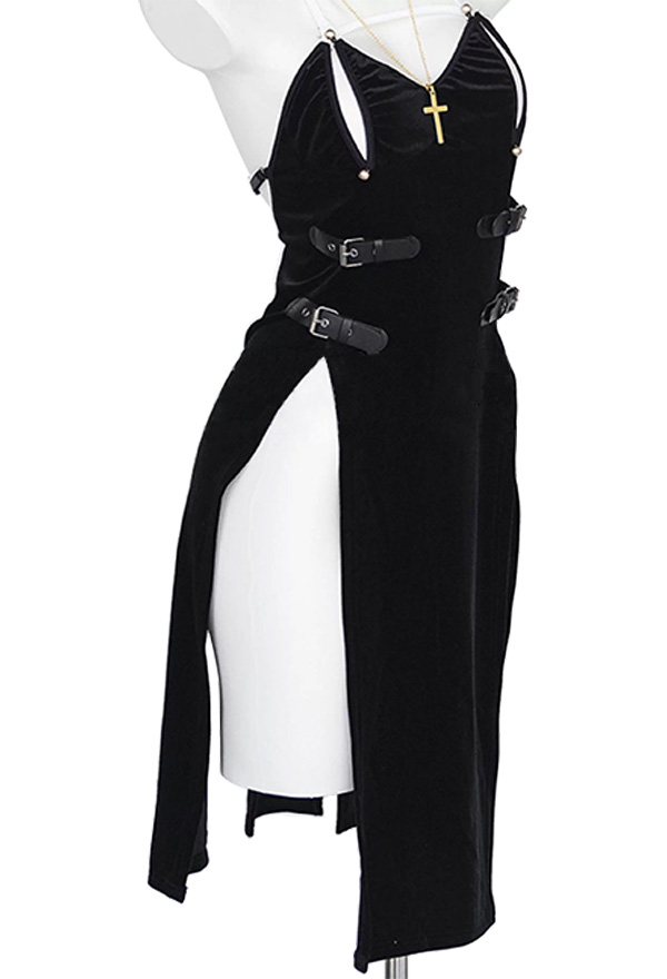 Gothic Black Nun Dress Dark Style Cutout High-Slit Halter Dress with Gold Cross Necklace