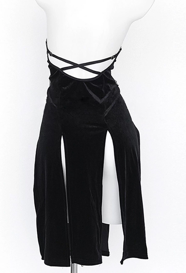 Gothic Black Nun Dress Dark Style Cutout High-Slit Halter Dress with Gold Cross Necklace