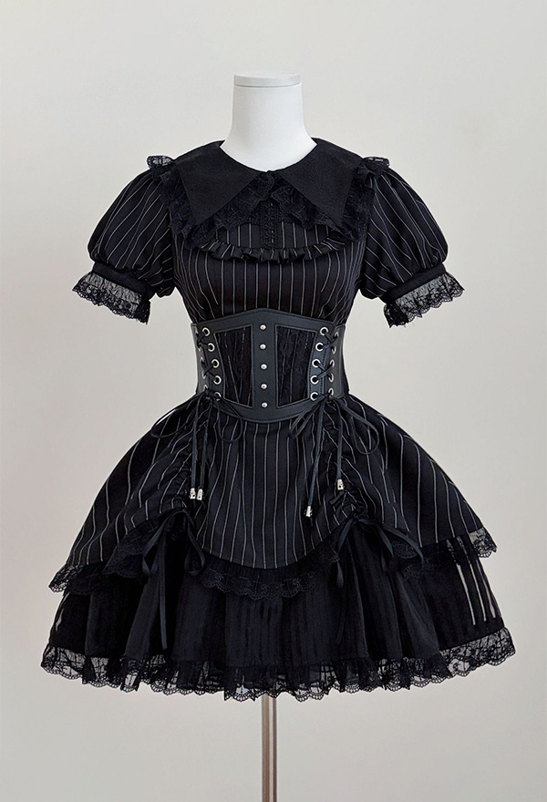 Gothic Black Lolita Dress Dark Punk Style Striped Puff Sleeve Dress with Waistband Gothic Black Lolita Dress Dark Punk Style Striped Puff Sleeve Dress with Waistband