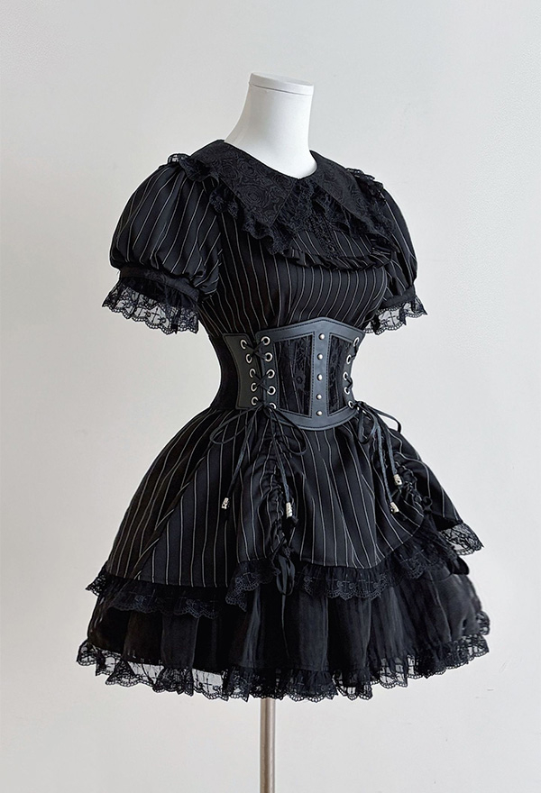 Gothic Black Lolita Dress Dark Punk Style Striped Puff Sleeve Dress with Waistband Gothic Black Lolita Dress Dark Punk Style Striped Puff Sleeve Dress with Waistband