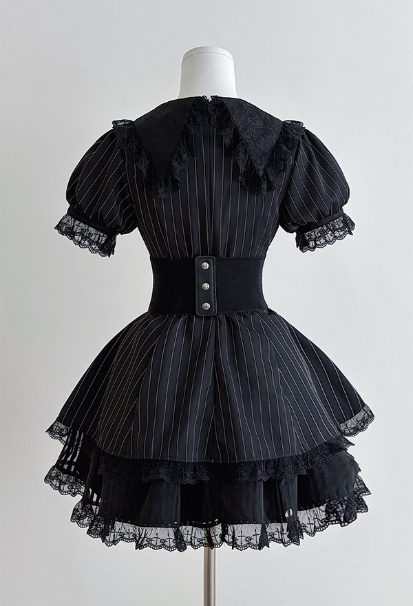 Gothic Black Lolita Dress Dark Punk Style Striped Puff Sleeve Dress with Waistband Gothic Black Lolita Dress Dark Punk Style Striped Puff Sleeve Dress with Waistband