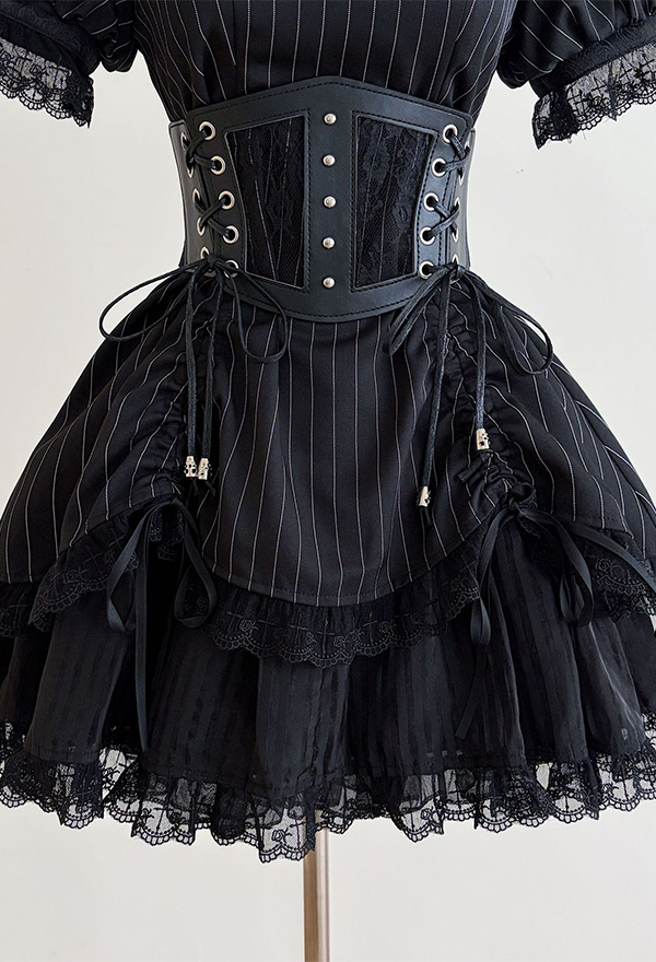 Gothic Black Lolita Dress Dark Punk Style Striped Puff Sleeve Dress with Waistband Gothic Black Lolita Dress Dark Punk Style Striped Puff Sleeve Dress with Waistband