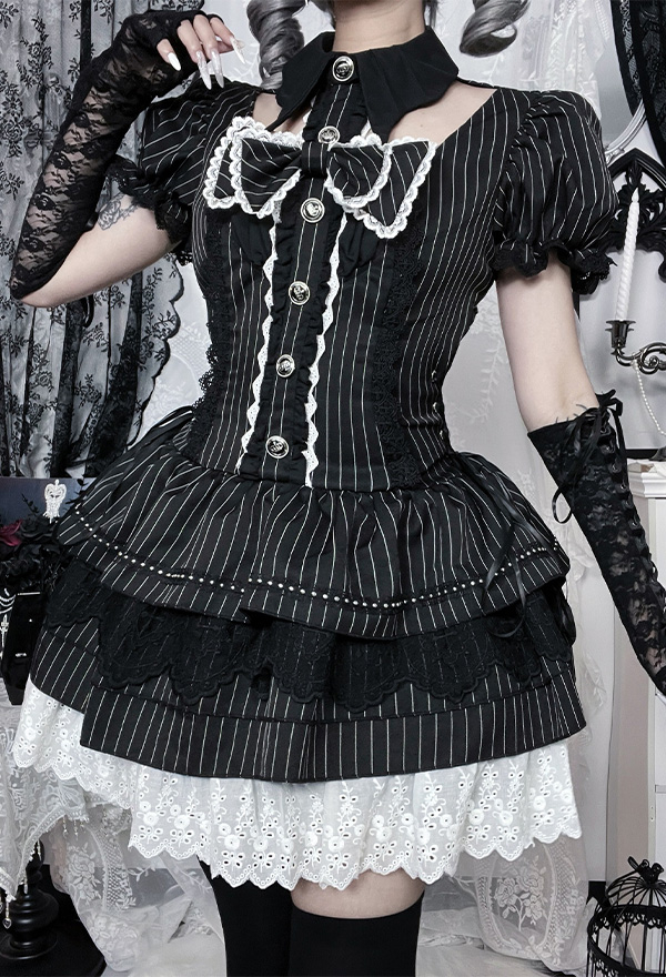 Gothic Black and White Striped Lolita Dress Dark Y2k Style Batwing Collar Puffy Dress with Bow Gothic Black and White Striped Lolita Dress Dark Y2k Style Batwing Collar Puffy Dress with Bow
