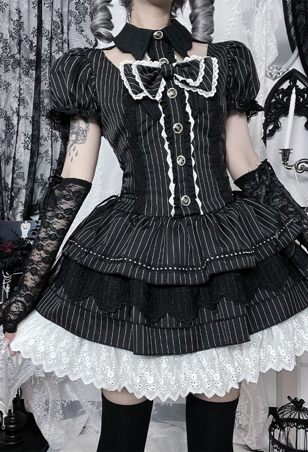 Gothic Black and White Striped Lolita Dress Dark Y2k Style Batwing Collar Puffy Dress with Bow Gothic Black and White Striped Lolita Dress Dark Y2k Style Batwing Collar Puffy Dress with Bow