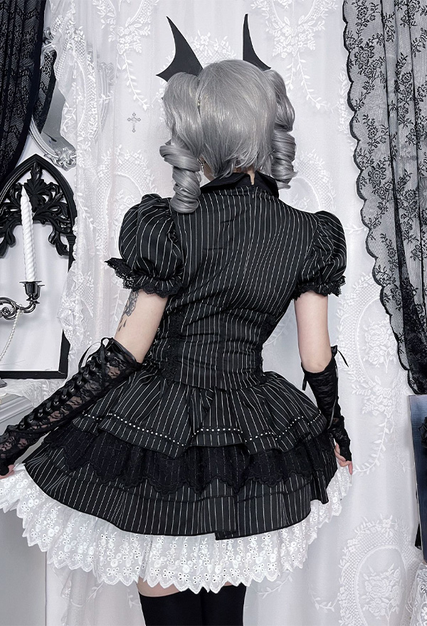 Gothic Black and White Striped Lolita Dress Dark Y2k Style Batwing Collar Puffy Dress with Bow Gothic Black and White Striped Lolita Dress Dark Y2k Style Batwing Collar Puffy Dress with Bow